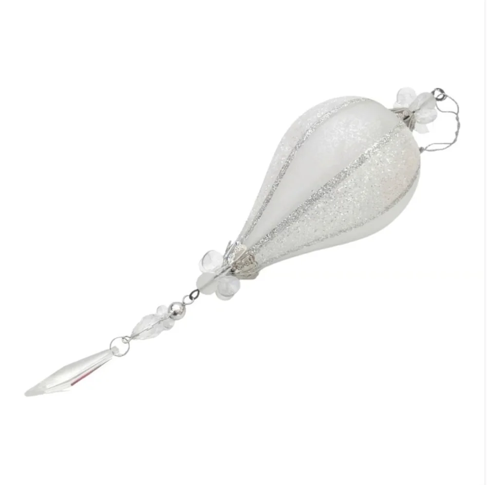 Silver Glitter Teardrop Christmas Ornament 9” Beaded Holiday Tree Decor